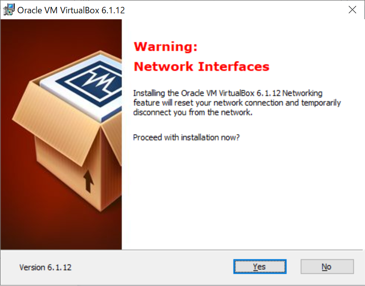 VirtualBoxのインストーラ実行時（Warning: Network Interface）の画面イメージ