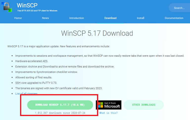 WinSCPのインストール媒体のダウンロードページのイメージ